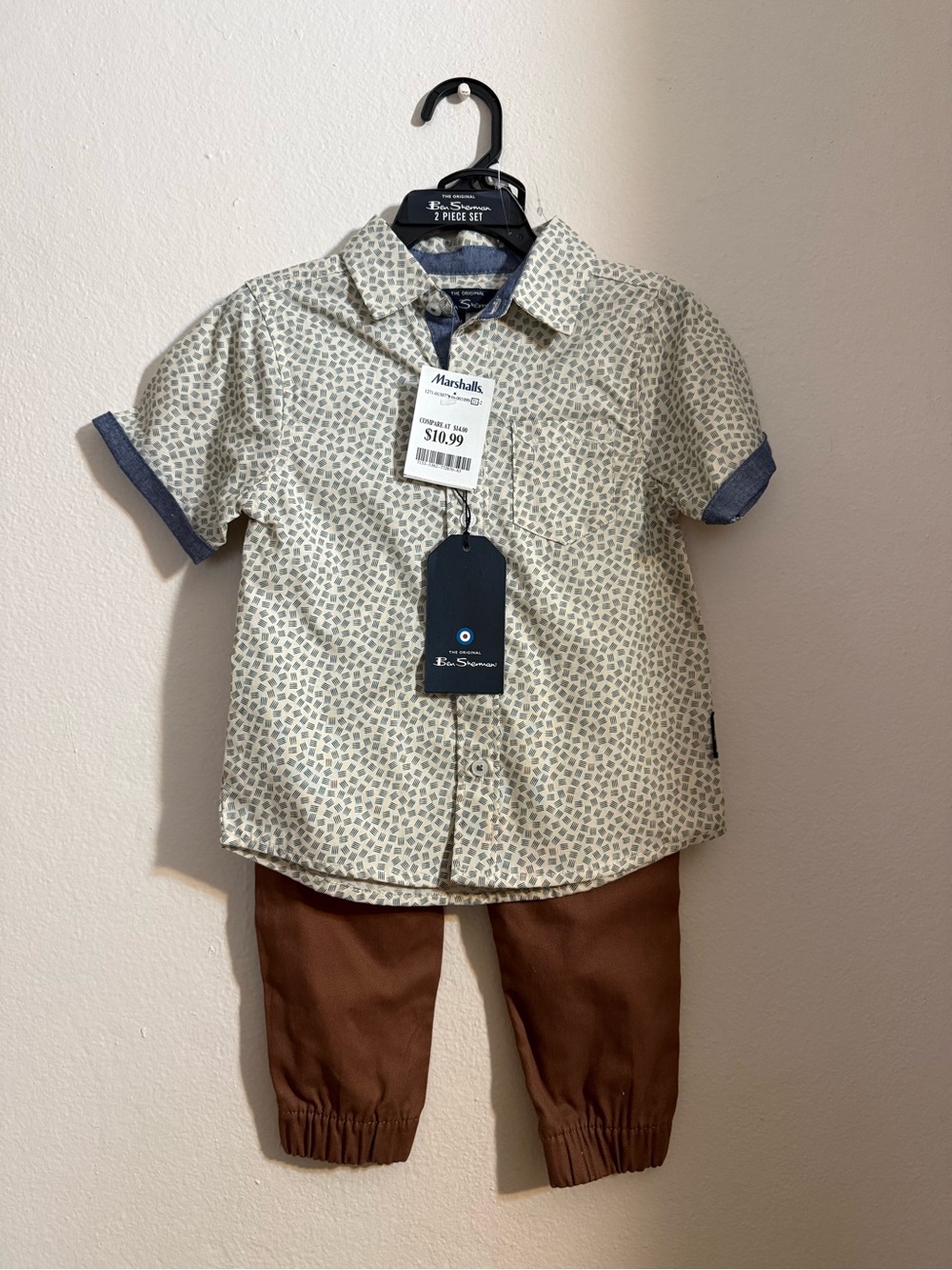 Ben Sherman Beige Printed Short-Sleeve Button-Down with Navy Trim